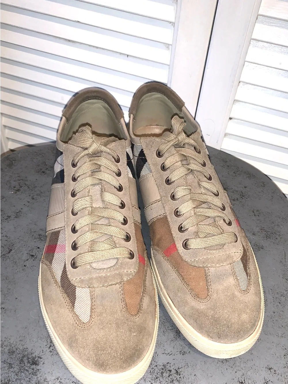 Burberry Nova Check Low Top Sneakers Suede Canvas Tan Brown Plaid Size 45/12